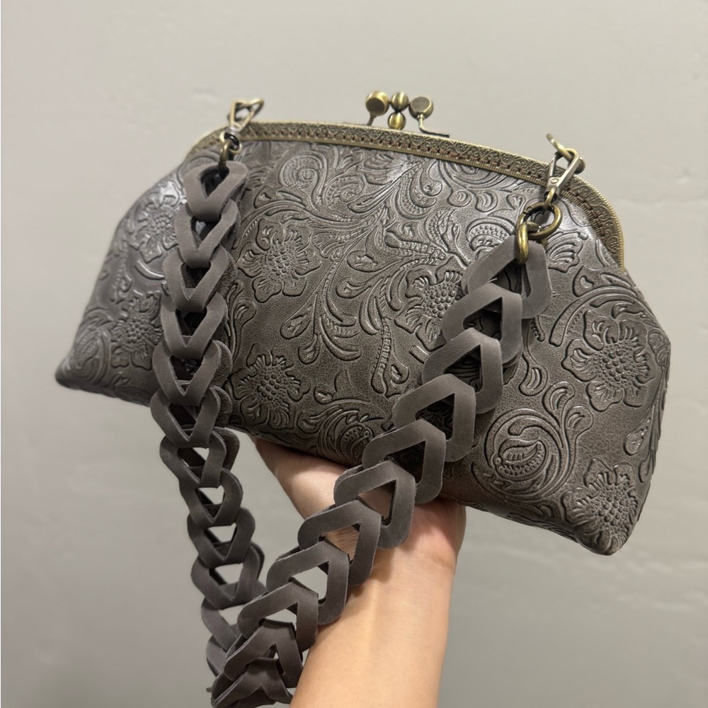 Handsewn Embossed Cowhide Leather Double Kisslock Frame Bag, Multi Use Style